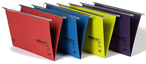 Rexel Foolscap Suspension Files with Tabs and Inserts for Filing Cabinets, 15 mm V-base, 100 Percent Recycled Manilla, Assorted Colours, Multifile Plus, Pack of 10, 92807