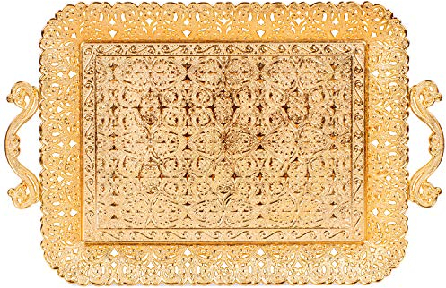 Alisveristime Serviertablett aus Zamak mit authentischem türkischem Blumenmuster, für Kaffee und Tee, 41,9 x 28 cm, goldfarben