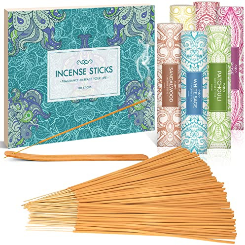Scentorini Juego de regalo de varillas de incienso, 120 varillas con soporte, salvia blanca, canela, sándalo, rosa, pachulí, para relajación, yoga y aromaterapia