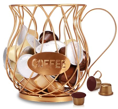 UNISOPH Coffee Capsule Pod Storage Basket, Multiple Pod Holder, Countertop Kitchen Storage Holder for Tassimo, Nespresso, Dolce Gusto (Golden)