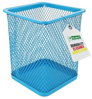 D.RECT Portapenne in Metallo a Rete Quadrato – Porta Penne da Scrivania con Piedini in Gomma e Rivestimento Interno Protettivo – Blu – Altezza 98 mm