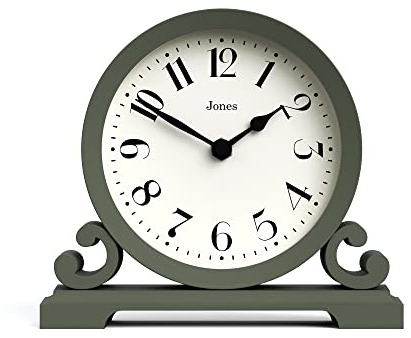 Jones Clocks® Saloon mantel clock | Traditional double scroll design | Green | Contemporary classic style for desk, table, shelf or bedside