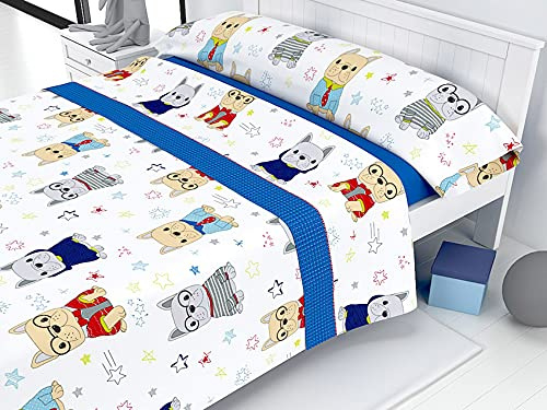 Liniva Home - Juego de Sábanas Infantiles Algodón/Poliéster - Modelo Mascota - Azul, Cama 105 cm