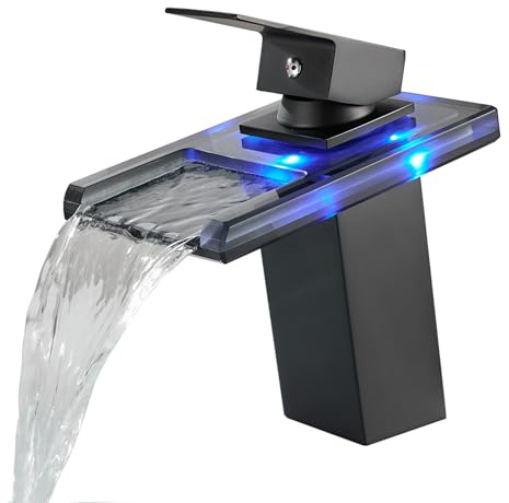 OUGOO Wasserhahn Bad LED, Wasserfall Waschtischarmatur RGB 3 Farbwechsel | Messing Einhebelmischer Waschbecken Armaturen, Schwarz
