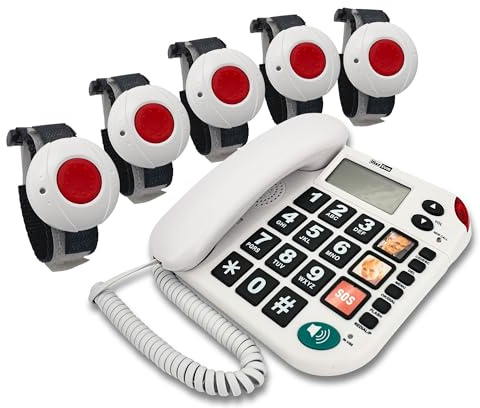 G-TELWARE MAXCOM KXT481SOS 2023-2024er Modell Haus Notruf Seniorentelefon mit Funk-SOS-Sender, Festnetztelefon - 5 Armbandsender, Carbonschwarz, Standard