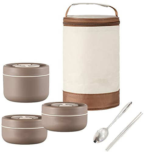 Glorlliant Fiambrera Térmica, Fiambrera Bento A Prueba de Fugas de 3 Niveles Fiambrera Apilable de Acero Inoxidable Fiambrera de Comida Caliente para Adultos Hombres Mujeres Marrón
