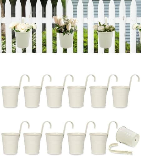 10 CM Small Metal Hanging Flower Pot Indoor - 12 Pcs Round Metal Iron Buckets with Detachable Hooks and Drainage Holes Hanging Herb Planter for Railing Fence Outdoor Balcony Garden Patio Decor, White