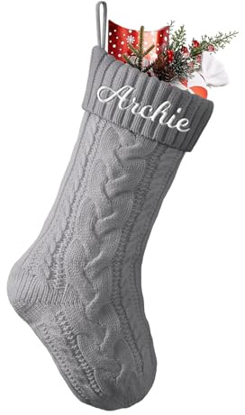 Cysincos Weihnachtsstrumpf Personalisiert Name 46cm große gestrickte Christmas Stockings Nikolausstrumpf hängende Familie Weihnachtsstrümpfe für Party Weihnachten Deko, Silber Grau