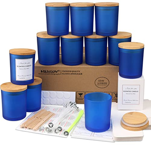MILIVIXAY - Confezione da 12 barattoli per candele, in vetro satinato blu, 355 ml, con coperchio e kit per la creazione di candele, vuoti, contenitori per spezie e polveri