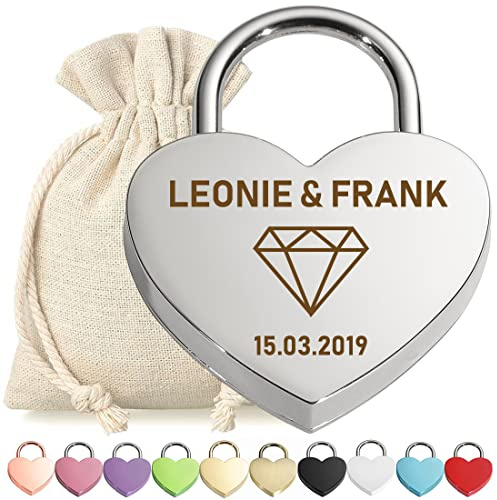 polar-effekt Liebeschloss Herzschloss Vorhängeschloss Silber mit personalisierter Gravur - Motiv Diamant - aus Metall - weißer Geschenkbeutel - Jahrestag, Valentinstag - Pärchen Liebesgeschenk - Love