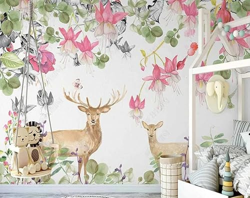 Photo Wallpaper 3D Wall Mural Campanula Elk and Bird Children's Room Photo Wallpaper Kids Photo Poster Decoration 200Cm(W)*140Cm(H)