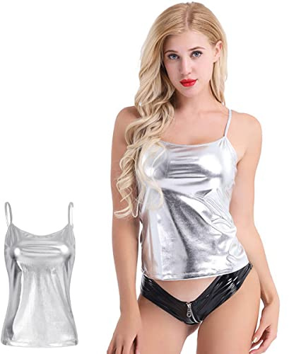 Camiseta sin mangas brillante para mujer, camisa sexy metallica sin mangas, chaleco sólido básico Top con tiras diarias Halter Tank Tops Blusa Camisas para fiesta de club nocturno
