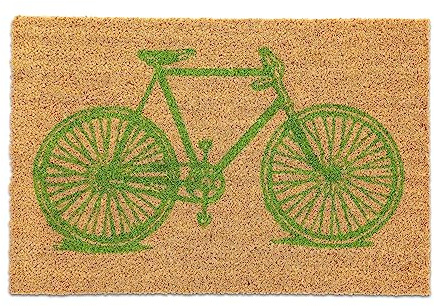 Relaxdays Coir Doormat, Bicycle Print, 40 x 60 cm, Non-Slip Welcome Mat, Indoors & Outdoors, Dirt Trapper, Natural/Green, Coco