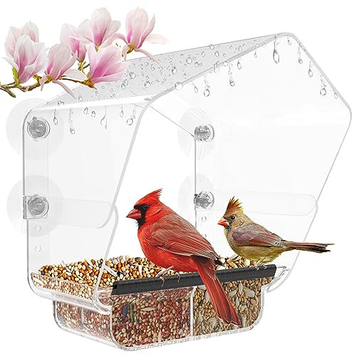 Ermete Vogelfutterstation mit starken Saugnäpfen, große Sicht, klares Vogelfutterhaus, verstellbare Größe, Vogelfutterstation mit Vogelsamenschale, regenfestes Fenster, Vogelfutterspender für draußen