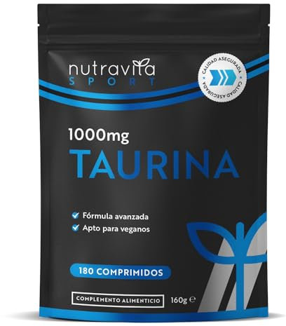 L-Taurina Pura 1000mg Alta Dosis - 180 Tabletas Veganas de Aminoácidos Esenciales - 3 Meses de Suministro - Suplementos Deportivos para Hombres y Mujeres - Taurina para Post y Pre Entreno - Nutravita