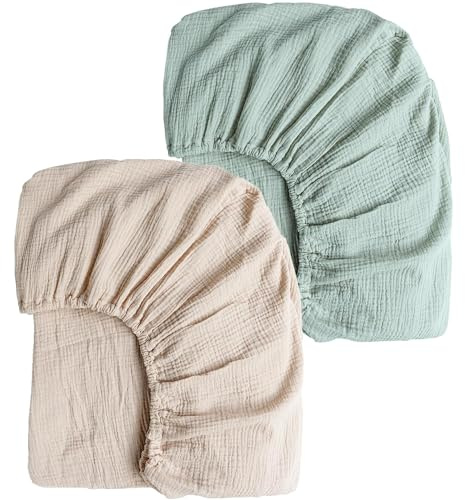 Konssy Sábanas de muselina para cuna para niñas y niños, 2 sábanas de algodón suave y transpirable para colchón estándar de cuna, 52 x 28 pulgadas (verde, crema)