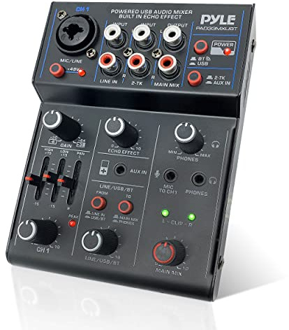 Pyle Professional Wireless DJ Audio Mixer- 3-Channel Bluetooth DJ Controller Sound Mixer w/USB Audio Interface, Combo Jack XLR+6.35mm Mic/Line/Guitar In, 3.5mm, RCA, AUX, Headphone Jack- PAD33MXUBT.5