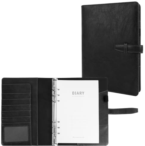 Skycase A5 Ringbuch aus PU-Leder, 6-Ring-Notizbuch, nachfüllbar, Planer-Hülle für A5, schwarz