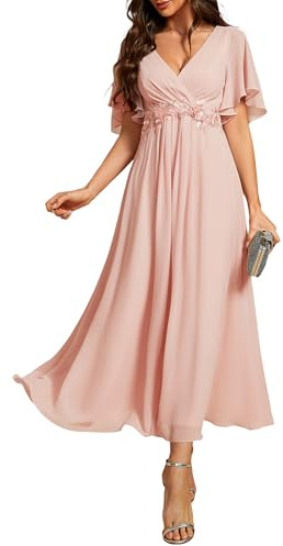Ever-Pretty Robe d'Invité de Mariage Femme Appliqué Manches Volantées Col V Mousseline EG02093
