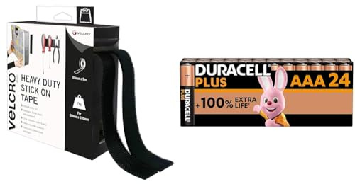 VELCRO Brand Heavy Duty Stick On Tape Cut-to-Length Industrial Extra Strong Double Sided Hook & Duracell Plus AAA Batteries (24 Pack) - Alkaline 1.5V - Up to 100% Extra Life