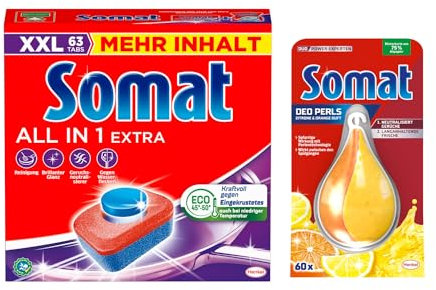 SOMAT Tabs 63 AW all in 1 Extra, Geschirrspül Tabs für strahlende Sauberkeit, bekämpft eingetrocknete Rückstände + Somat Duo Power Experten Deo Perls 60 AW Zitrone & Orange Duft 17g