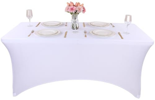 Kesfey 6FT White Spandex Table Cloth Tight Fitted Tablecloths Stretch Rectangular Washable Tablecloth Wrinkle Free Table Cover for Wedding Banquet Party (183Lx76Wx76H) cm