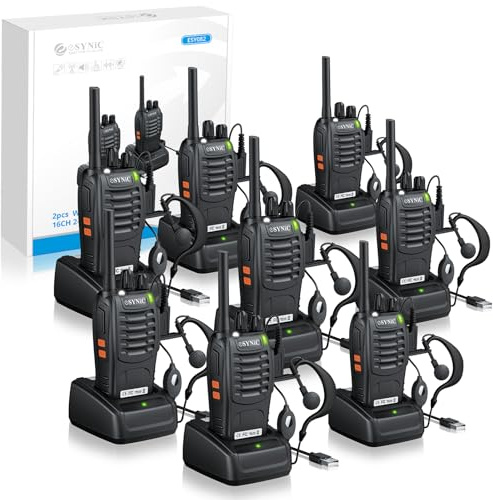 eSynic 8Pack Professional Walkie Talkies for Adults Rechargeable Walkie Talkies Best 16CH Walkie Talkie Hand Free VOX Clear Call Walky Talky With Earpieces& LED Lights For Travel Working etc