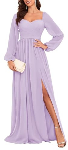 HPPEE Vestidos de dama de honor de manga larga para mujer, plisados, acampanados, de gasa, con abertura, Lila, 40