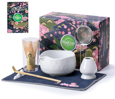 Buucup Matcha Whisk Set, Ceramic & Bamboo, 7 Pcs, White, Includes Bowl, Whisk, Holder, Scoop, Rest, Sifter, Tea Towel | 7-piece set includes ceramic bowl, bamboo whisk, scoop, holder, rest, sifter and tea towel. Great for beginners and gifts.