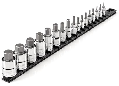 TEKTON 1/4, 3/8, 1/2 Inch Drive Hex Bit Socket Set with Rail, 17-Piece (5/64-3/4 in.) | SHB99101