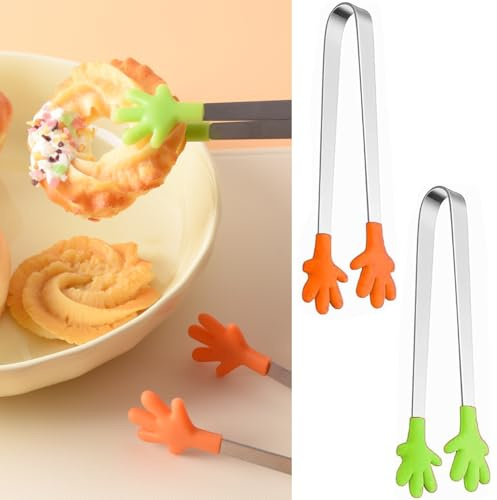2 PCS Multifunctional Mini Food Clip with Skid-Proof Hand Shape Silicone Stainless Steel Food Tongs for Ice Clip Sweets Barbecue Salad (Orange + Green)