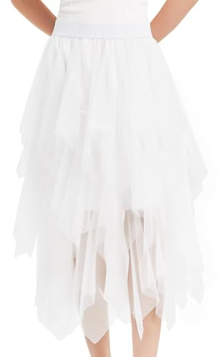 Soudittur Gonna in Tulle Estive da Donna Gonna Midi a Trapezio Gonna da Fata Multistrato Gonne a Pieghe Irregolari Gonna Tutu Elgante, Gonne di Halloween in Vita Alta Elastica(Bianco)