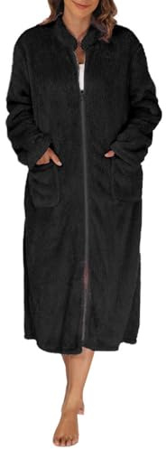 SYDUZAX Peignoir Chauds Femme Robe de Chambre avec Fermeture éClair Longue Doux Femme Peignoirs de Bain Polaire pour Femmes Chemise De Nuit Automne Hiver Epais Longue Pyjama avec Poches Loungewear