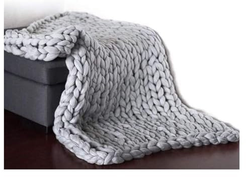 Super Grobstrickdecke, gemütlicher Überwurf für Betten, handgestrickt mit dickem Garn, große Strickdecke, luxuriöses grobes Wollmaterial, Grau, 100 x 120 cm