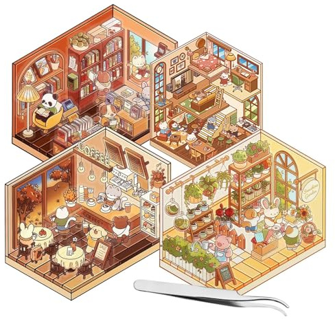 Xinlon 4 Set DIY 3D House Stickers mit Tweezer, Sticker Kinder, Miniatur Haus Cute Stickers DIY Scene Stickers, 3D Sticker Scene, 3D-Cartoon-Miniatur-Szenen-Aufkleber für Kinder, Geschenk für Kinder