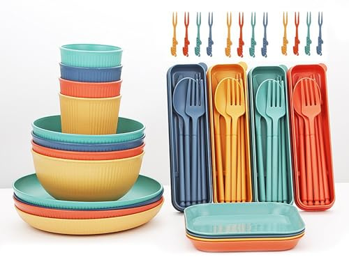 Juego de Vajilla de 48 Piezas para 4 Personas,Kit de vajilla de plástico,Reutilizado Vajilla Irrompible,Vajillas Elegantes para Cuencos y Platos para Cena, Picnic,Camping, Barbacoa