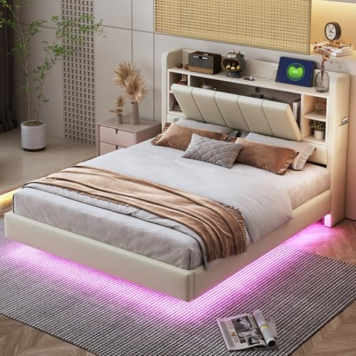 KEYIDE Polsterbett 140x200 cm mit LED-Beleuchtung und Aufladen USB, Doppelbett mit Stauraum Kopfteil und Lattenrost, Jugendbett Stauraumbett Bettgestell, Leinen, ohne Matratze (Beige 5, 140x200 cm)