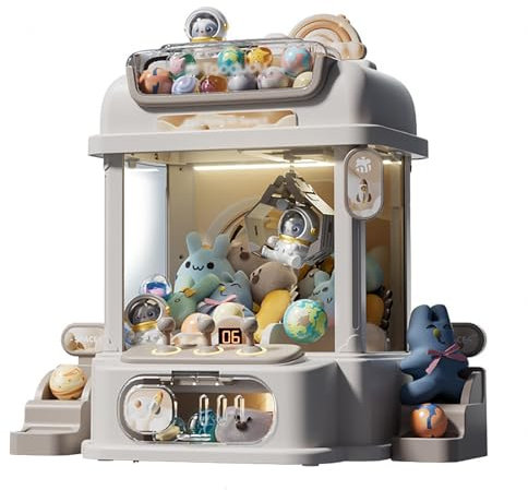 HBDSMLPL Machine Attrape Bonbon avec Télécommande ， Machine a Pince Fete Foraine avec 8 Planètes,2 Poupées Panda,25 Poupées,20 Gashapons Jeu Amusant,Cadeau pour La Fête,White