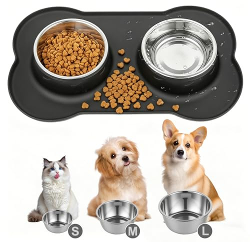 Double Stainless Steel Dog Bowls Puppy Cat Bowls, Non Spill Dog Water Bowl with Puppy Silicone Feeding Mats Trays, for Cats Puppies Small Dogs Food Water Mats & Bowl (S 36 x 21 cm)