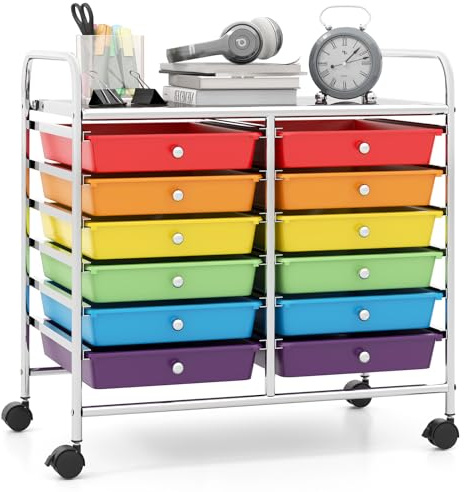 GIANTEX Rollwagen mit 12 stapelbaren Schubladen, Schubladenwagen mit Rollen & Arbeitsplatte, Badrollwagen für Wohnzimmer, Küchen, Schlafzimmer & Büros, 64 x 38 x 62 cm (Bunt)