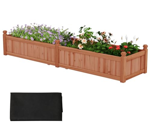 HOMASIS Orto Rialzato da Esterno, Letto Rialzato da Giardino in Legno di Abete con Tessuto non Tessuto, Base Rimovibile, 8 Fori di Drenaggio, Orto da Balcone per Piante, 227 x 59,5 x 40 cm (Marrone)