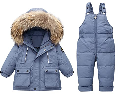 Combinaison de Ski pour Enfant Ensembles de Neige Bébé Doudoune à Capuche Pantalons Salopettes Zippé Fourrure Amovible Veste en Duvet Hiver Chaud Tenue Plein Air pour 1-5 Ans
