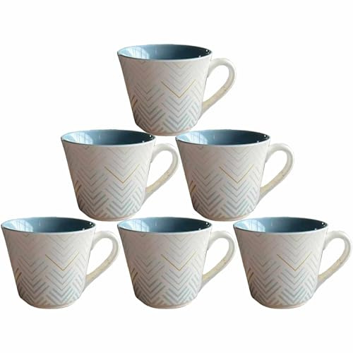 superyes Ceramic Coffee Mugs-Set of 6, 12oz(360ml), Easy-Grip Handle, Interlocking Lines and Triangles, Modern Design，Light-Colored Outside Blue Interior