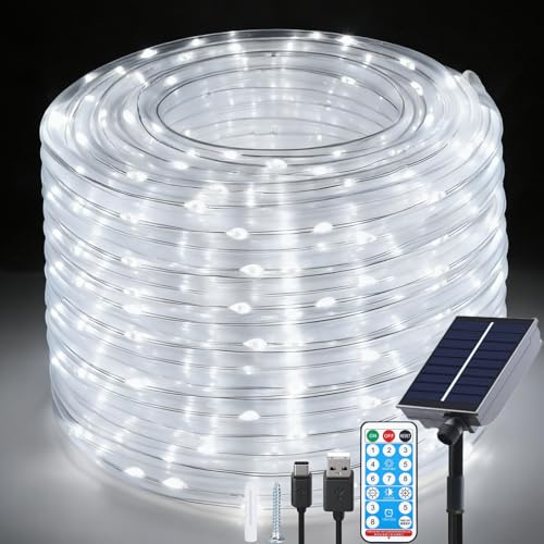 Fonysien 20M 200LEDs Solar Lichtschlauch Außen, Wetterfest Schlauch Lichterketten mit 8 Modi, Fernbedienung Solar & USB Lichterkette Außen für Weihnachten Garten Hochzeit Terrasse Balkon