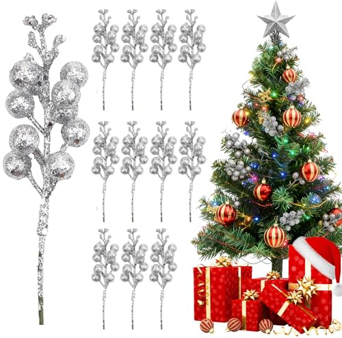 GTYARYUA Bayas Navidad, 12 Piezas Tallos de Bayas Artificiales con Purpurina, Decoracion Arbol de Navidad, Ramas Navideñas, Acebo Bayas Ramas, para Árboles de Navidad, Invierno, Bodas (Plata)