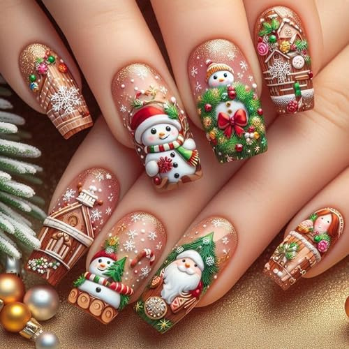 Viugex 24 Pièces Noël Ongles à Coller Long Carrés, Français Press on Nails avec Flocon de Neige & Bonhomme de Neige Relief 3D, Réutilisable Acrylique Faux Ongles Autocollants pour Femmes et Filles