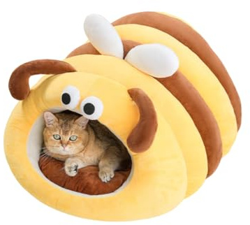 Cat Cave Bed, Soft and Thick Rebound Sponge Pet Nest with Removable & Washable Cushion, Cute Bee Design for Cats and Small Dogs, Anti-Slip Bottom (Large)