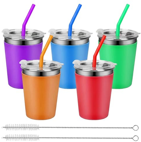 PORFOYO Edelstahl Trinkbecher Mit Deckel Und Strohhalmen, 5 Stück 350ml Trinklernbecher Unbreakable, Wiederverwendbarer Edelstahlbecher Mit Abnehmbaren Silikonhülsen Für Kinder Erwachsene
