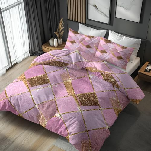 Generisch Kariert Rosa Bettwäsche 200x220 Mit Plaid Glitzer Mädchen Muster, Bettbezug Set Bügelfreie Bettwäsche Mit Reißverschluss, Kissenbezug, Kariert Rosa Deko