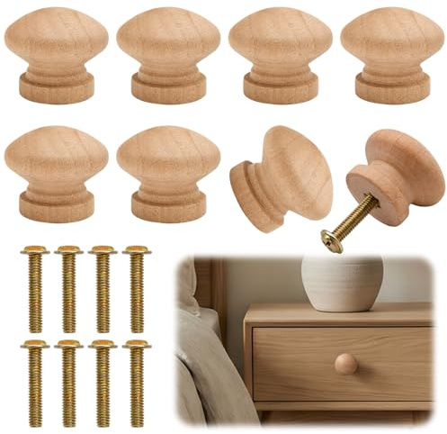 JOVIA Set of 8 Wooden Cabinet Knobs with Screws, 28mm Diameter, Mushroom-Shaped Drawer Pulls, Natural Solid Wood Cabinet Handles,Suitable for Furniture,Drawers,Wardrobes, Office Cabinets, and Cabinets